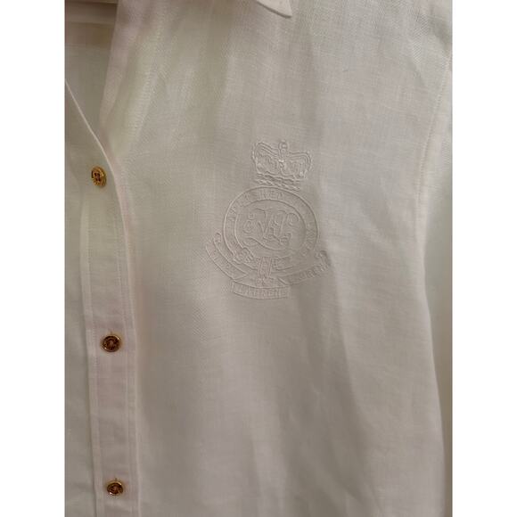 Lauren Ralph Lauren Shirt Womens M‎ White Linen Gold Button Crest Classic - Picture 4 of 8